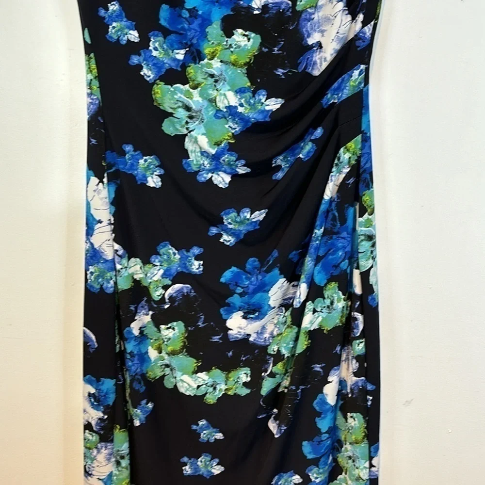 LAUREN Ralph Lauren Dress Ruched Cap Sleeves Lined Black Blue Floral Stretch Sz4 - Picture 5 of 14